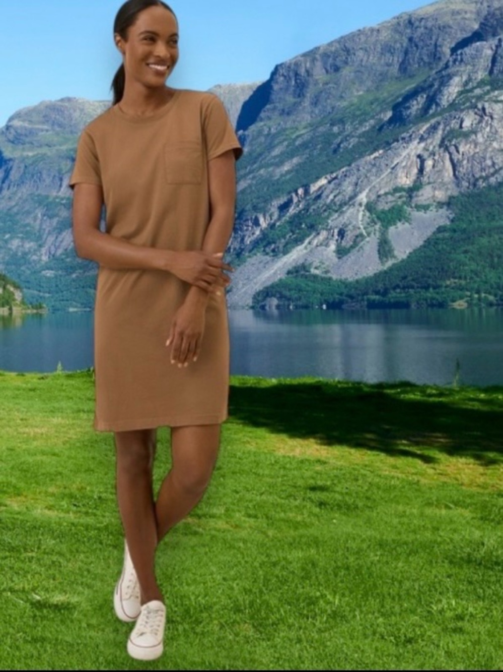PACT 100% ORGANIC COTTON SOFTSPUN KNIT TEE DRESS IN BROWN SUGAR SIZE MEDIUM